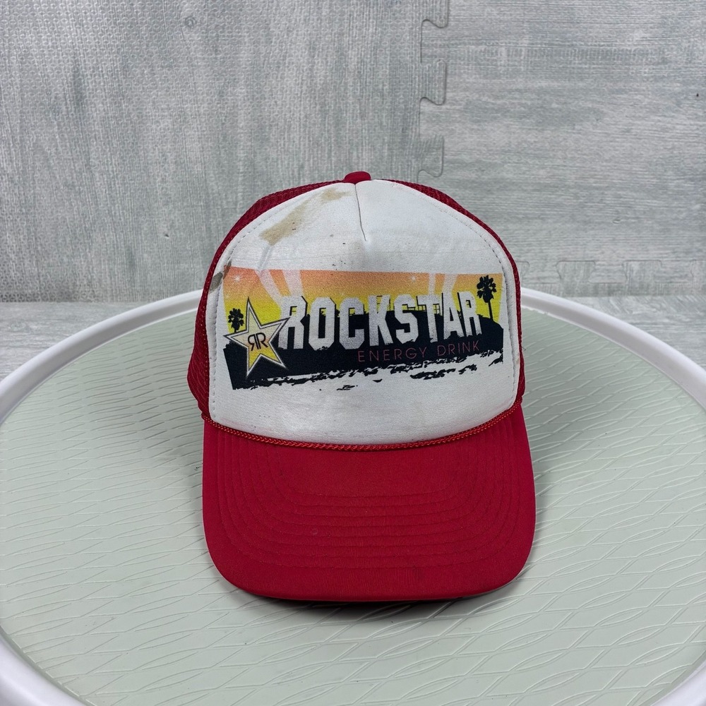 Vintage Y2K Rockstar Energy Hat Cap Snapback Red White Energy Drink‎ Caffeine